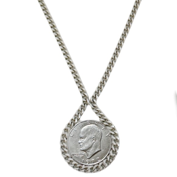 VINTAGE • Sterling Silver Dollar 1972 Silver Dollar Silver Chain Necklace - Picture 1 of 7